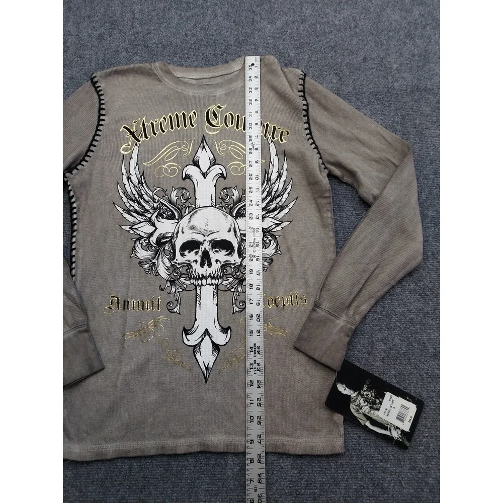 Affliction Xtreme Couture Shirt Men Small‎ Brown Thermal Long Sleeve Skull Cross